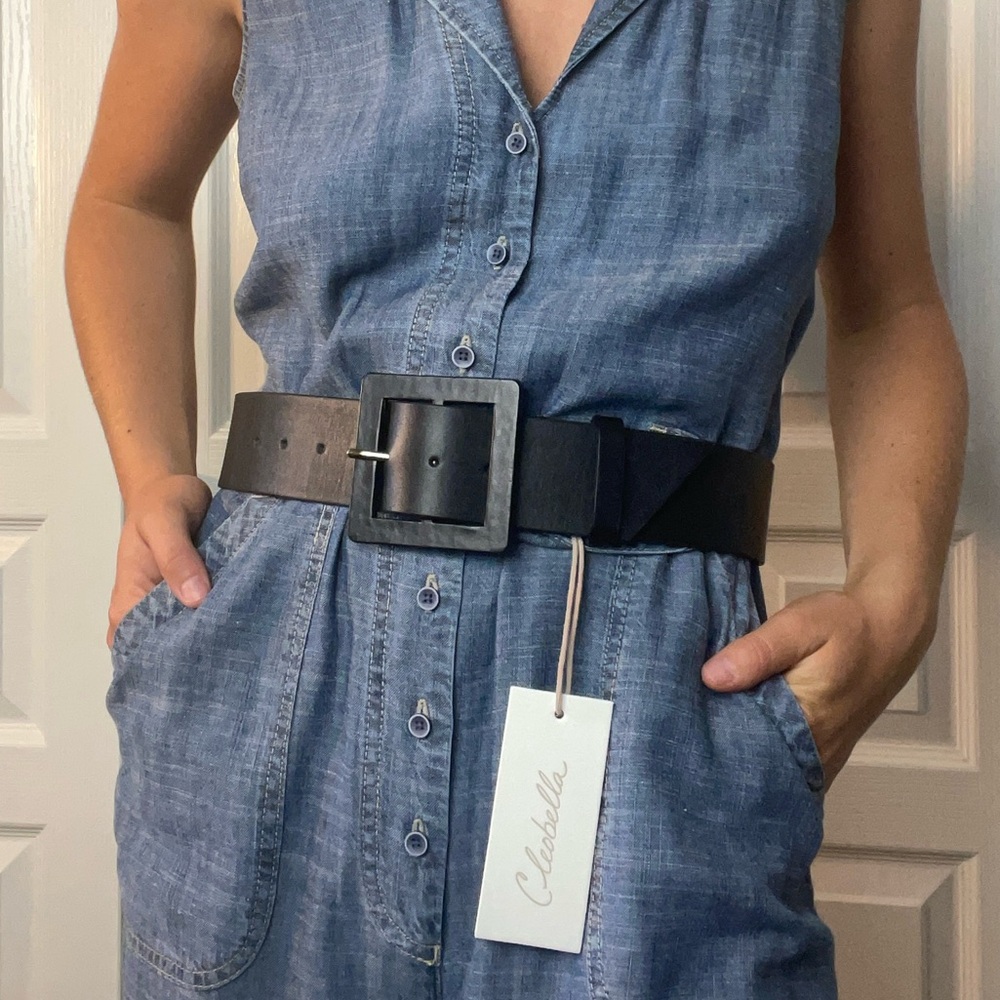 Cleobella Square Buckle Gold Black Leather Belt One Size